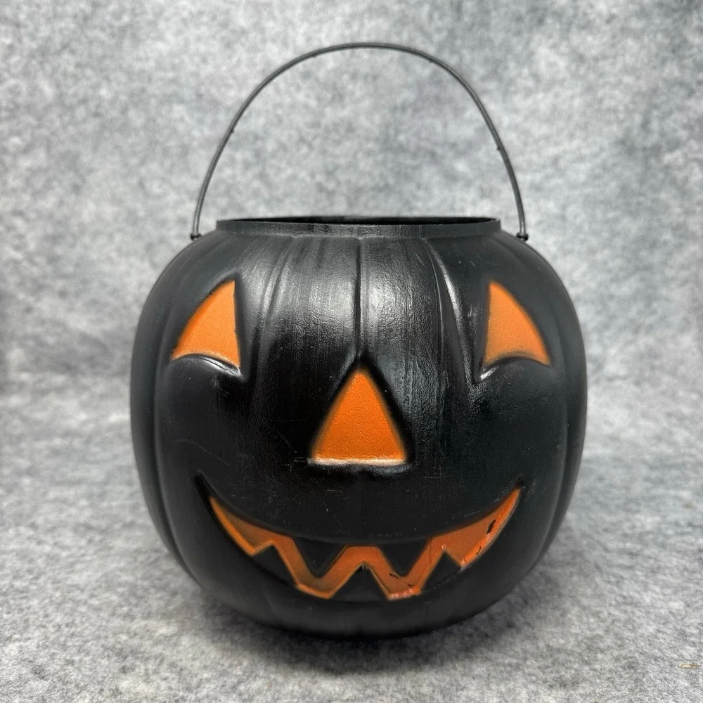 Vintage Black Halloween Large Pumpkin Blow Mold General Foam Candy Bucket USA